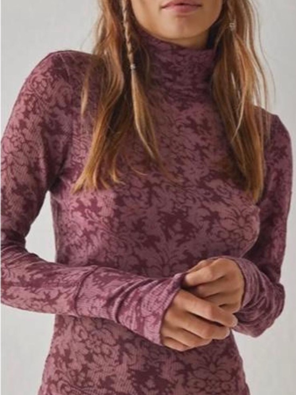 Free People Floral Print Turtleneck Long-Sleeve Top in Mauve